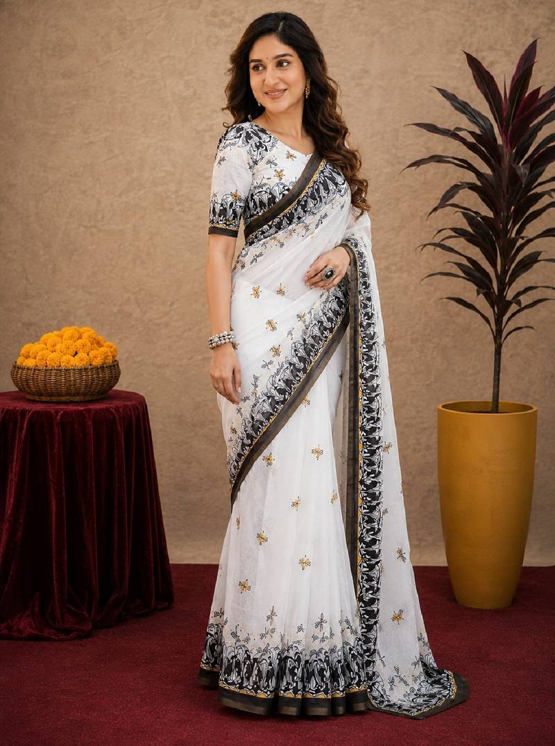  white black chanderi cotton blend printed 1 minute ready to wear saree with unstitched blouse piece
