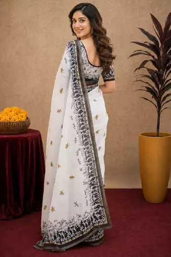  white black chanderi cotton blend printed 1 minute ready to wear saree with unstitched blouse piece