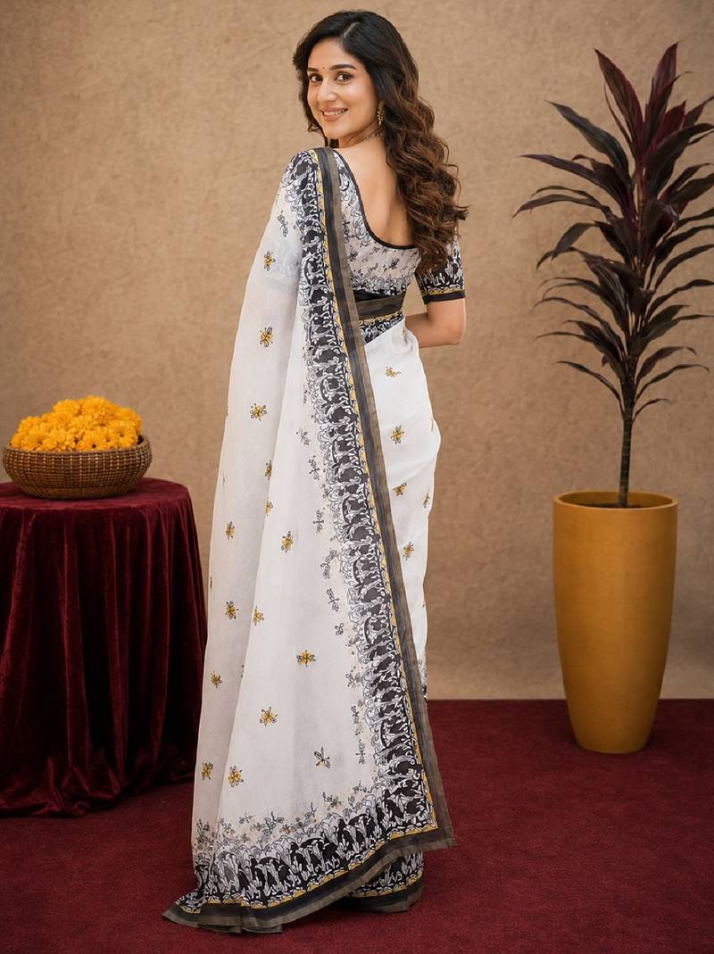  white black chanderi cotton blend printed 1 minute ready to wear saree with unstitched blouse piece