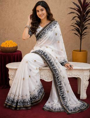  white black chanderi cotton blend printed 1 minute ready to wear saree with unstitched blouse piece 4
