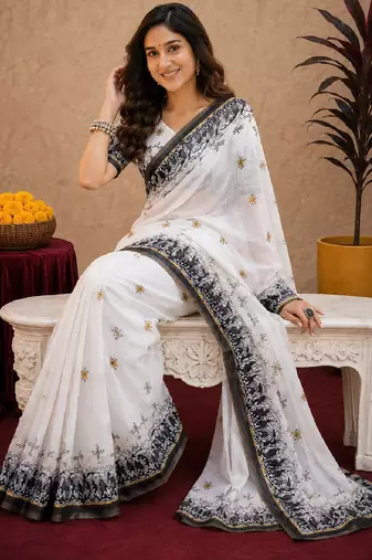  white black chanderi cotton blend printed 1 minute ready to wear saree with unstitched blouse piece