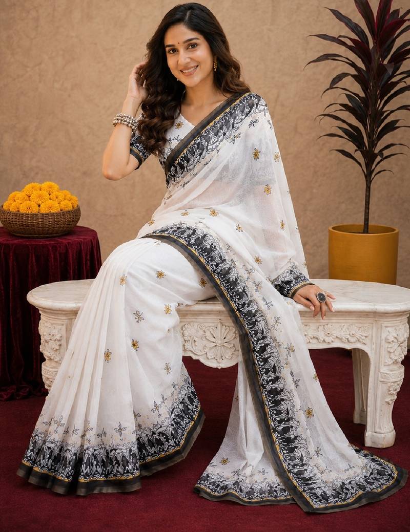  white black chanderi cotton blend printed 1 minute ready to wear saree with unstitched blouse piece
