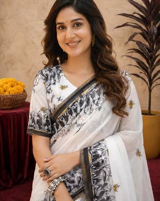  white black chanderi cotton blend printed 1 minute ready to wear saree with unstitched blouse piece 5
