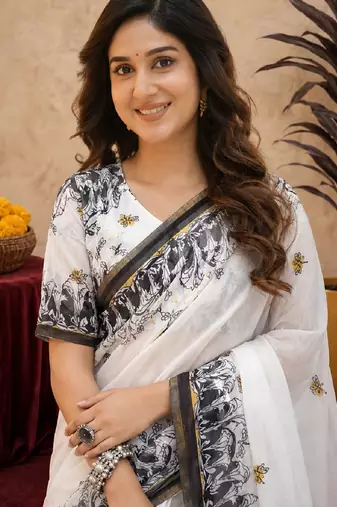  white black chanderi cotton blend printed 1 minute ready to wear saree with unstitched blouse piece