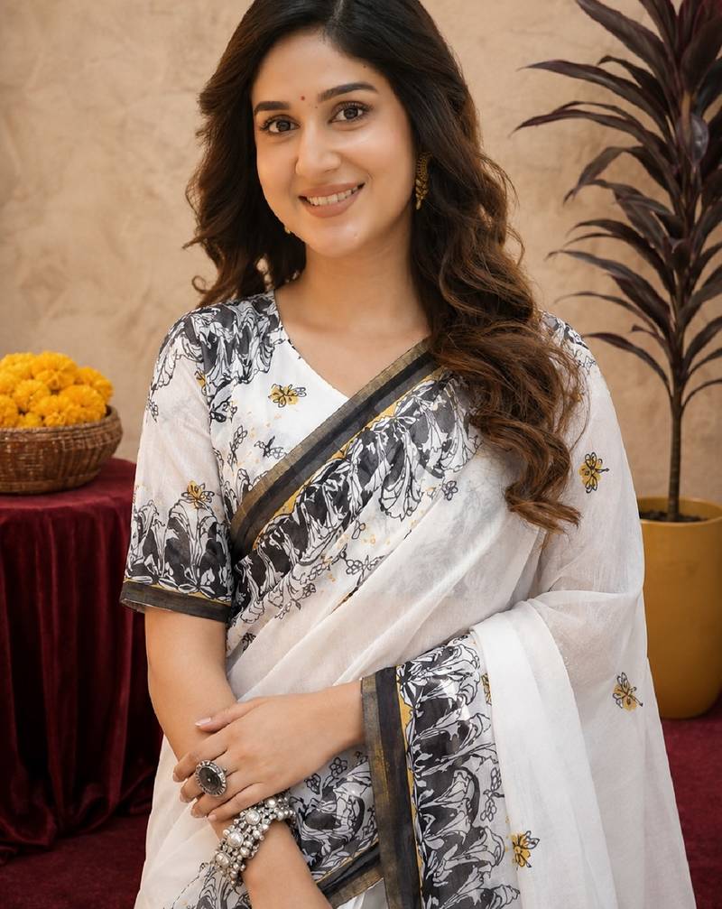  white black chanderi cotton blend printed 1 minute ready to wear saree with unstitched blouse piece