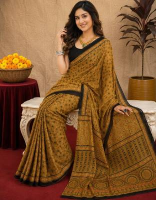  mustard black chanderi cotton blend printed  1 minute ready to wear saree with unstitched blouse piece 1