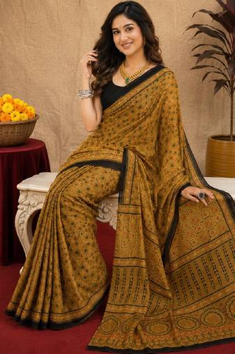  mustard black chanderi cotton blend printed  1 minute ready to wear saree with unstitched blouse piece