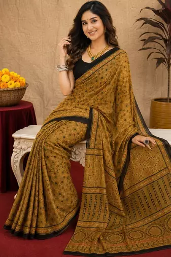  mustard black chanderi cotton blend printed  1 minute ready to wear saree with unstitched blouse piece