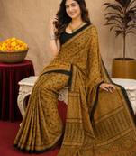  mustard black chanderi cotton blend printed  1 minute ready to wear saree with unstitched blouse piece