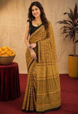  mustard black chanderi cotton blend printed  1 minute ready to wear saree with unstitched blouse piece 2