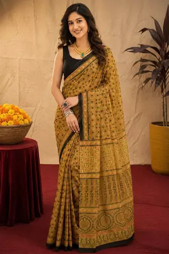  mustard black chanderi cotton blend printed  1 minute ready to wear saree with unstitched blouse piece