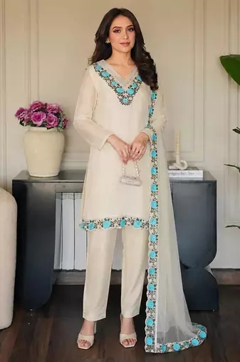 Off-white organza embroidered kurta set