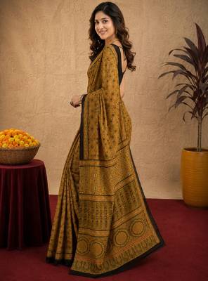  mustard black chanderi cotton blend printed  1 minute ready to wear saree with unstitched blouse piece 3