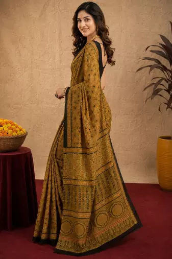  mustard black chanderi cotton blend printed  1 minute ready to wear saree with unstitched blouse piece