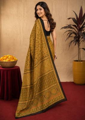  mustard black chanderi cotton blend printed  1 minute ready to wear saree with unstitched blouse piece 4