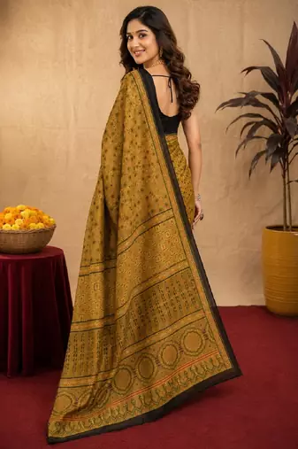 mustard black chanderi cotton blend printed  1 minute ready to wear saree with unstitched blouse piece