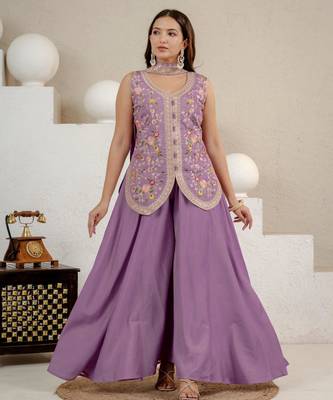 Lavender silk blend embroidered sharara set 1