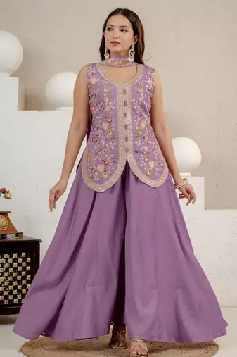 Lavender silk blend embroidered sharara set
