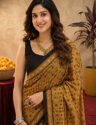  mustard black chanderi cotton blend printed  1 minute ready to wear saree with unstitched blouse piece 5