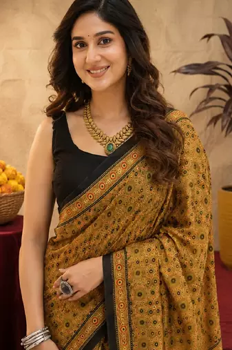  mustard black chanderi cotton blend printed  1 minute ready to wear saree with unstitched blouse piece