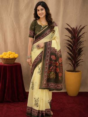  cream mehendi chanderi cotton blend printed  1 minute ready to wear saree with unstitched blouse piece 1