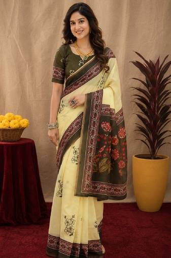  cream mehendi chanderi cotton blend printed  1 minute ready to wear saree with unstitched blouse piece