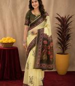  cream mehendi chanderi cotton blend printed  1 minute ready to wear saree with unstitched blouse piece