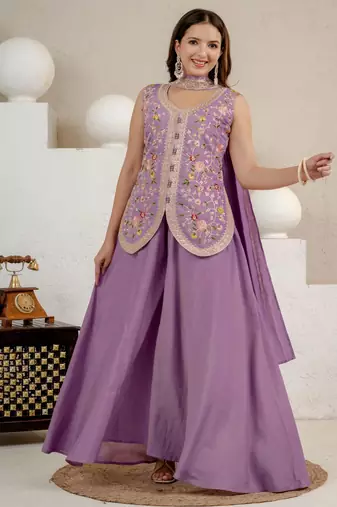Lavender silk blend embroidered sharara set