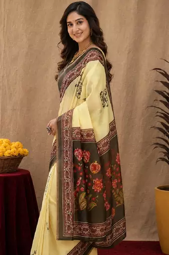  cream mehendi chanderi cotton blend printed  1 minute ready to wear saree with unstitched blouse piece