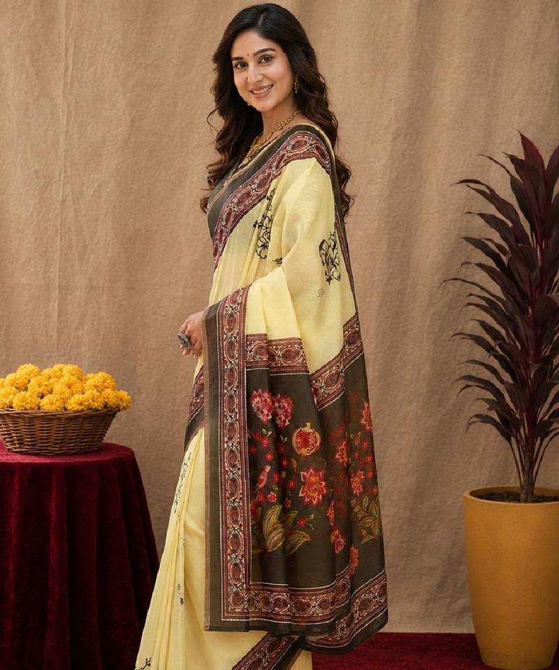  cream mehendi chanderi cotton blend printed  1 minute ready to wear saree with unstitched blouse piece
