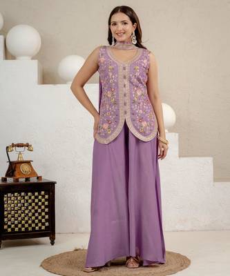 Lavender silk blend embroidered sharara set 3