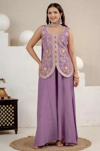 Lavender silk blend embroidered sharara set