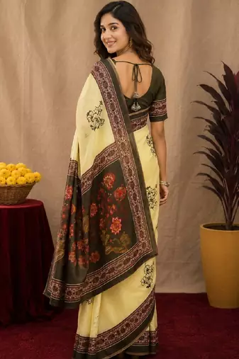  cream mehendi chanderi cotton blend printed  1 minute ready to wear saree with unstitched blouse piece