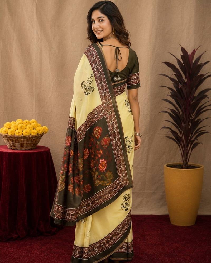  cream mehendi chanderi cotton blend printed  1 minute ready to wear saree with unstitched blouse piece