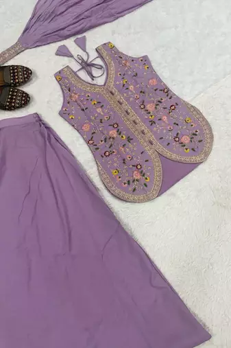 Lavender silk blend embroidered sharara set