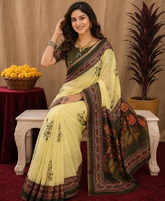  cream mehendi chanderi cotton blend printed  1 minute ready to wear saree with unstitched blouse piece 4