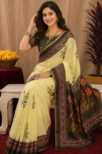  cream mehendi chanderi cotton blend printed  1 minute ready to wear saree with unstitched blouse piece