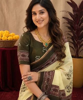  cream mehendi chanderi cotton blend printed  1 minute ready to wear saree with unstitched blouse piece 5