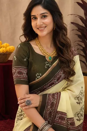  cream mehendi chanderi cotton blend printed  1 minute ready to wear saree with unstitched blouse piece