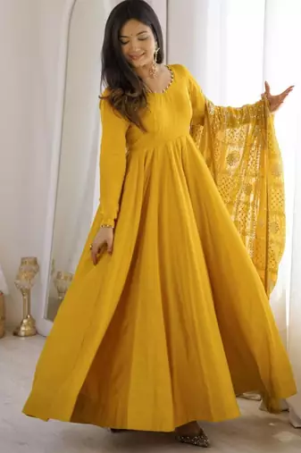 Yellow chanderi embroidered anarkali set