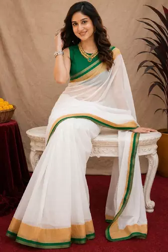  white green chanderi cotton blend printed 1 minute ready to wear saree with unstitched blouse piece