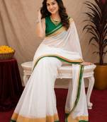  white green chanderi cotton blend printed 1 minute ready to wear saree with unstitched blouse piece