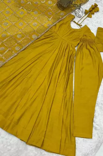 Yellow chanderi embroidered anarkali set