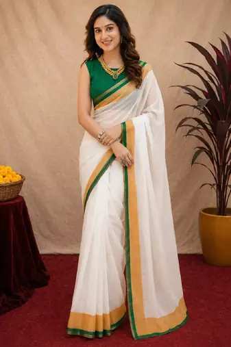  white green chanderi cotton blend printed 1 minute ready to wear saree with unstitched blouse piece