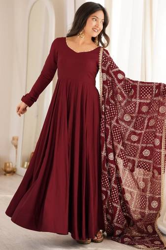 Maroon silk blend embroidered anarkali set