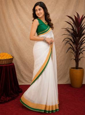  white green chanderi cotton blend printed 1 minute ready to wear saree with unstitched blouse piece 3