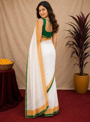  white green chanderi cotton blend printed 1 minute ready to wear saree with unstitched blouse piece 4