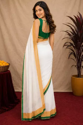  white green chanderi cotton blend printed 1 minute ready to wear saree with unstitched blouse piece