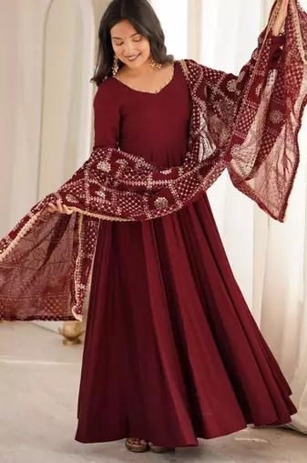 Maroon silk blend embroidered anarkali set