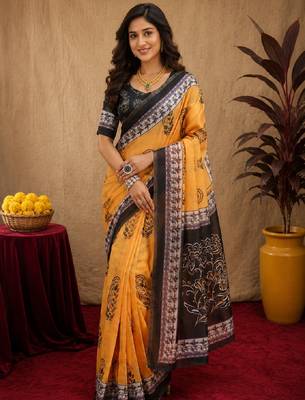  yellow black chanderi cotton blend printed  1 minute ready to wear saree with unstitched blouse piece 1